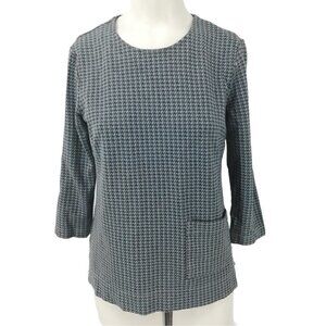 J Jill Ponte Houndstooth Blouse Size XS Blue Gray Pocket Knit Stretch Career